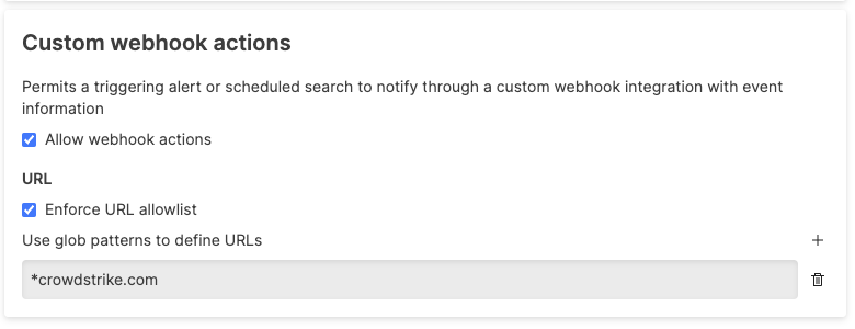 Custom webhook action security policy configuration showing Allow webhook actions checkbox and Enforce URL allowlist section with glob pattern field for *crowdstrike.com.