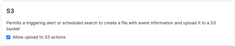 S3 action security policy configuration page with Allow S3 actions checkbox for enabling or disabling S3 upload action functionality.