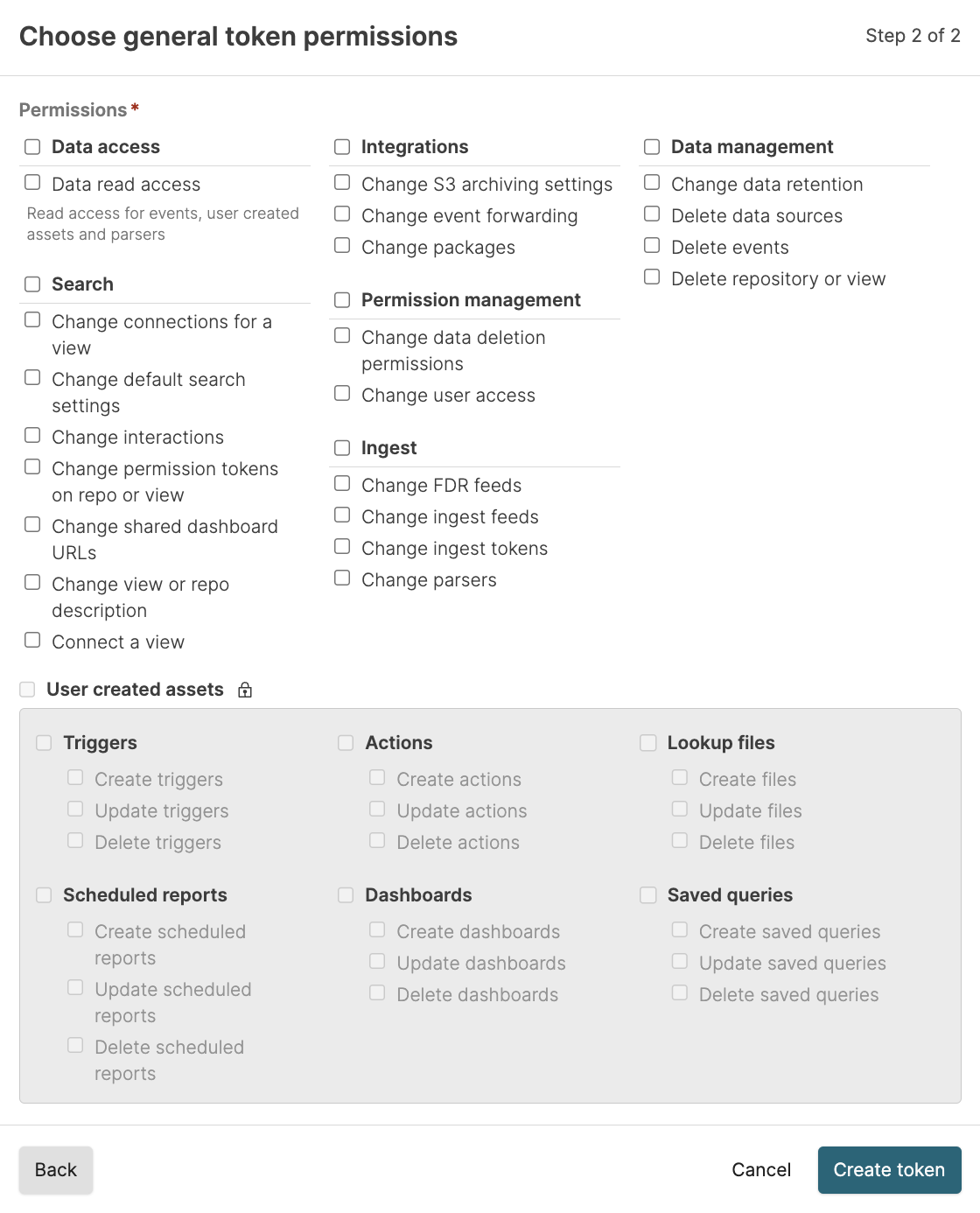 Permission selection panel displaying checkboxes for repository token permissions including Read data, Update user profiles, Manage repository settings, Manage queries, Manage automated actions, and Manage packages.
