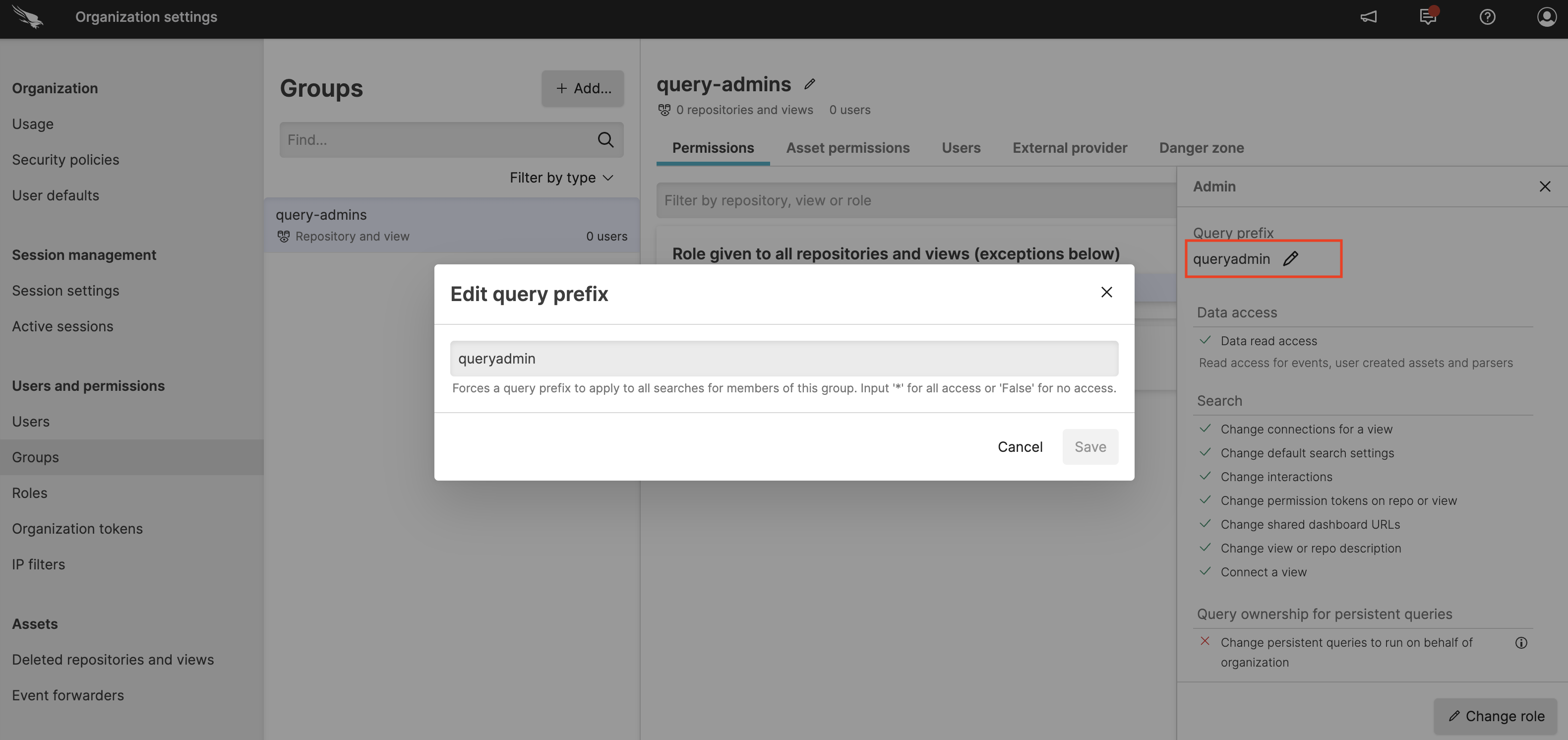Group role configuration interface with query prefix field showing asterisk(*) or False options