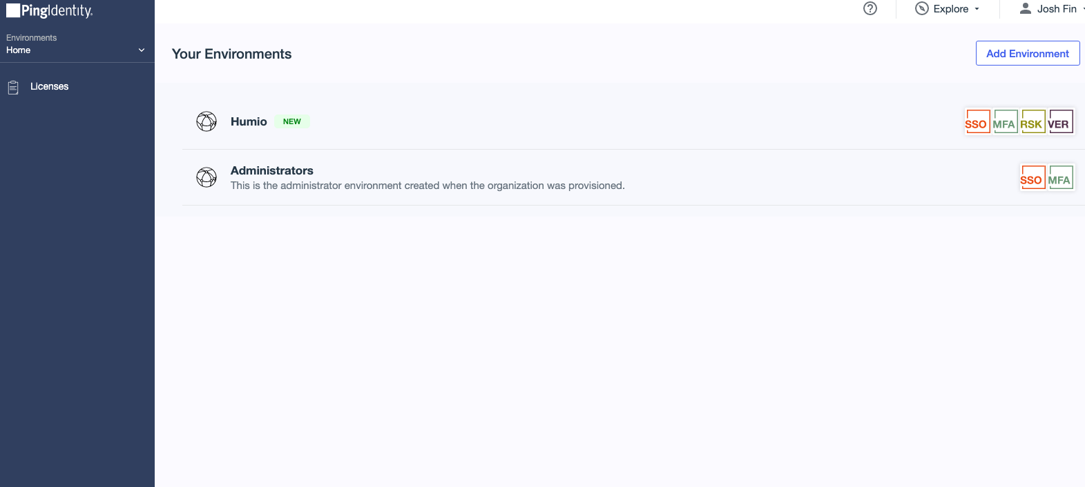 Fully configured PingOne dashboard showing the created environment ready for connection configuration.