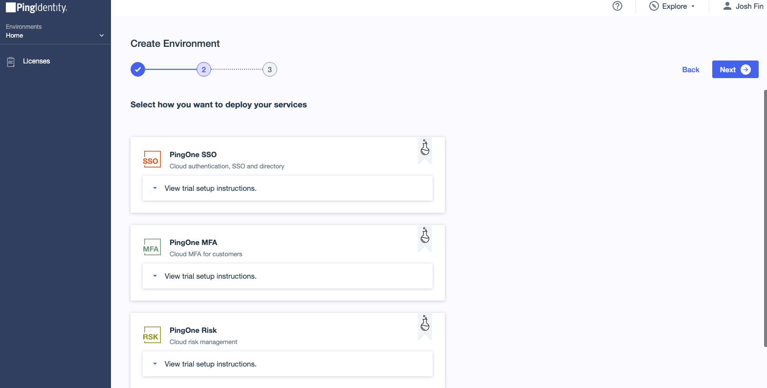 PingOne environment configuration screen showing options to proceed to the next step.