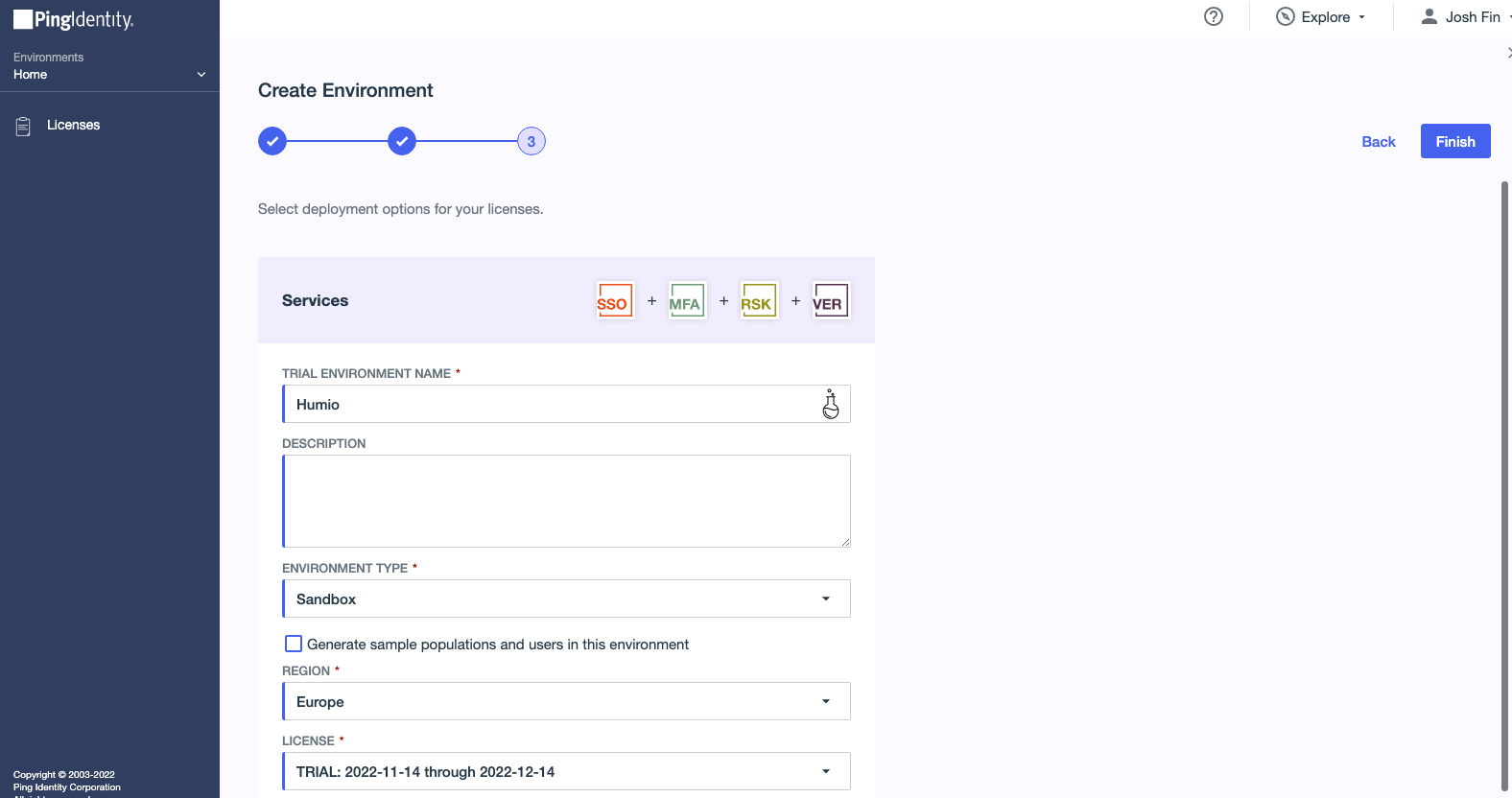 PingOne deployment naming interface where users enter a name for their environment.
