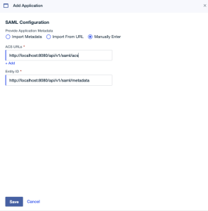 PingOne SAML configuration screen showing the manual entry form with fields for ACS URL and Entity ID.