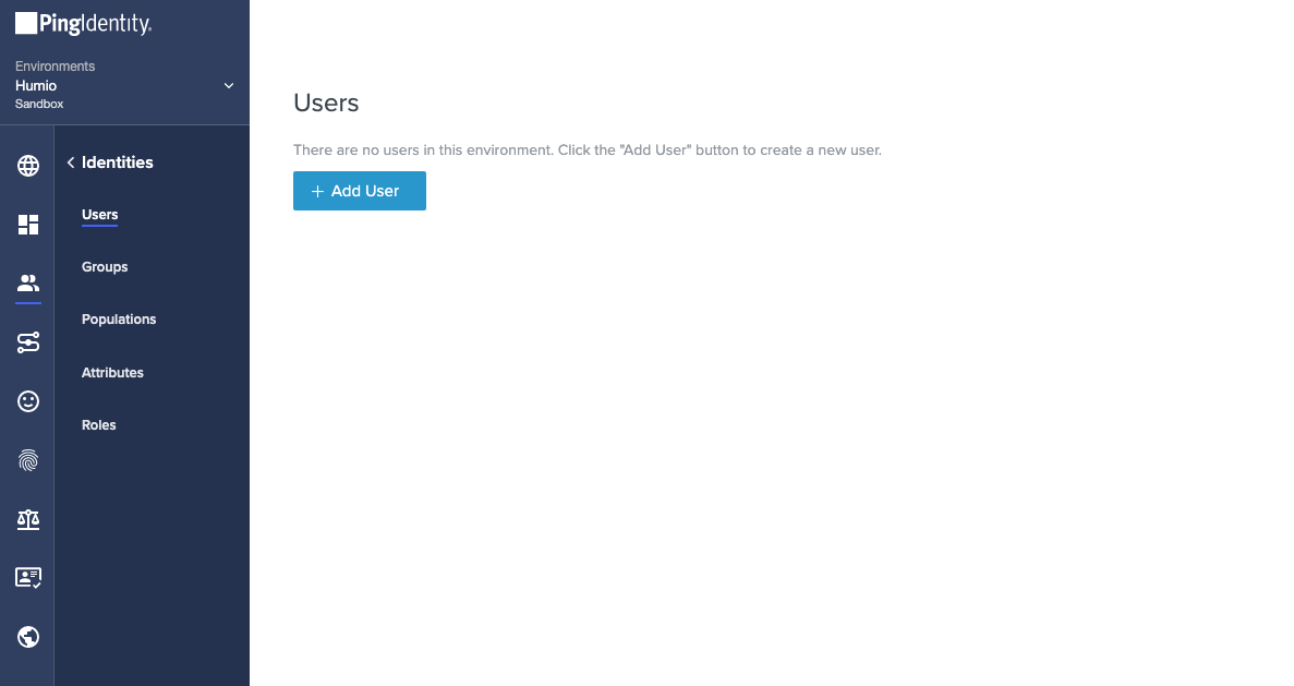 PingOne Identities section showing Users tab with Add User button highlighted.