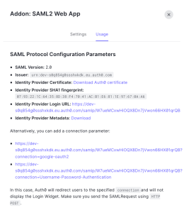Screenshot showing the SAML 2.0 integration details in the Auth0 add-ons section.