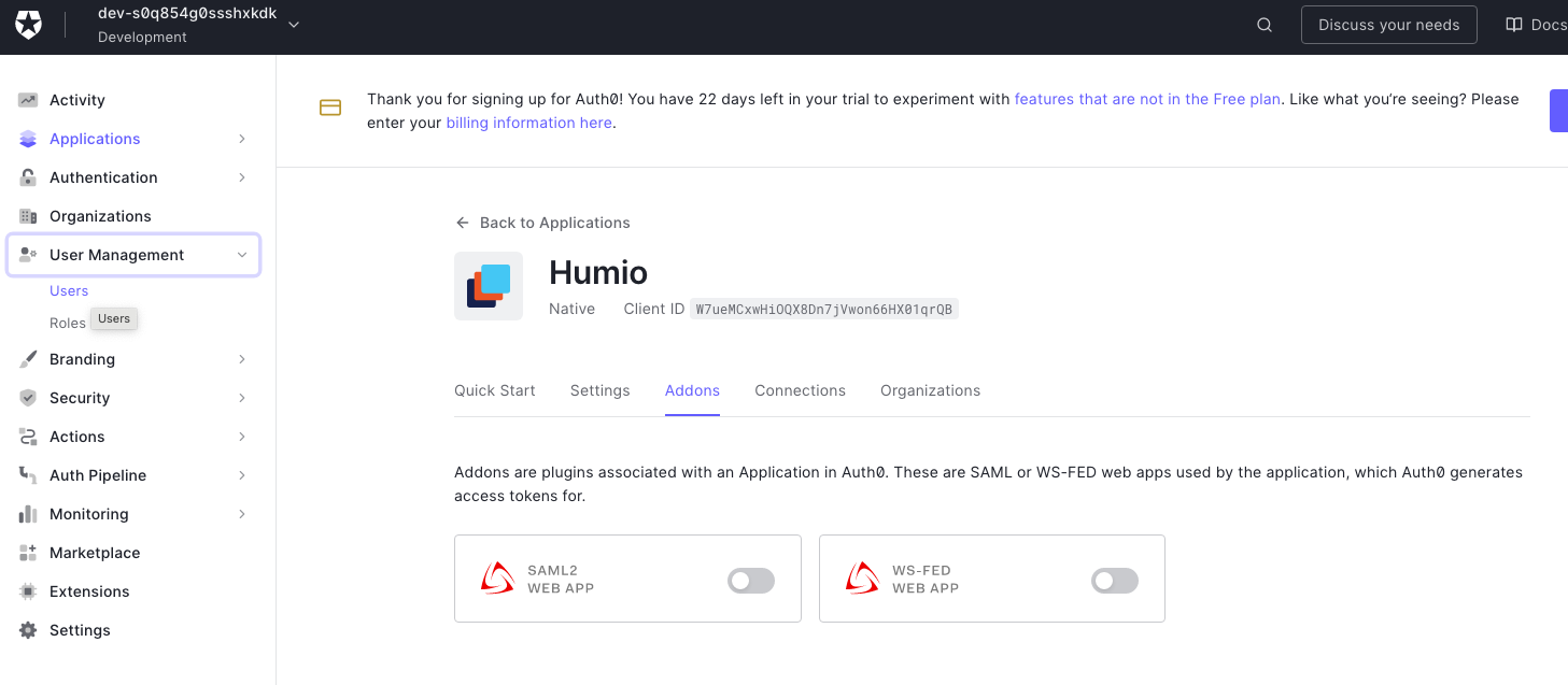 Screenshot showing how to navigate to the User Management section in the Auth0 dashboard, which is used to create and manage users who will authenticate to LogScale.
