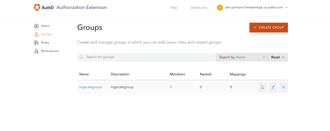 Screenshot of the group creation form in Auth0, where administrators enter a name and description for a new user group that will be used for access control in LogScale.