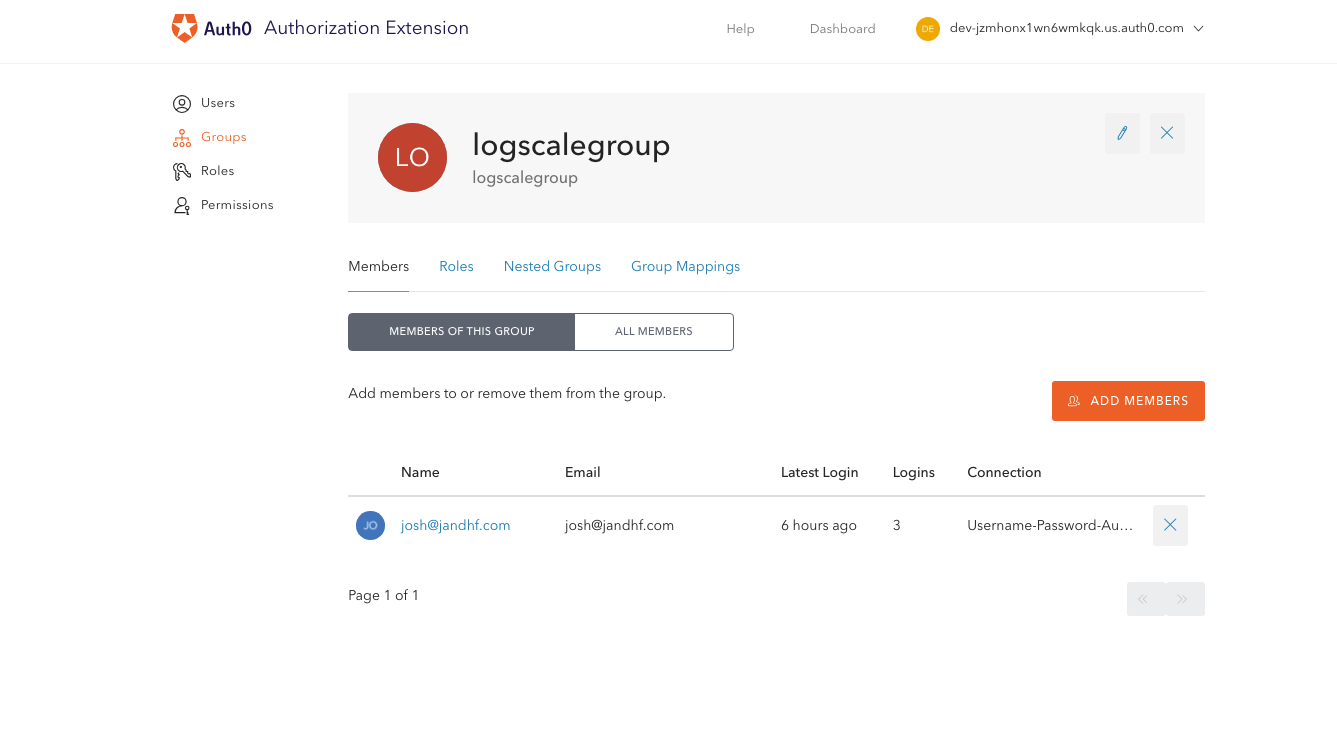 Screenshot showing the group management interface in Auth0 with the "Add Members" button, which allows administrators to assign users to groups for LogScale access control.