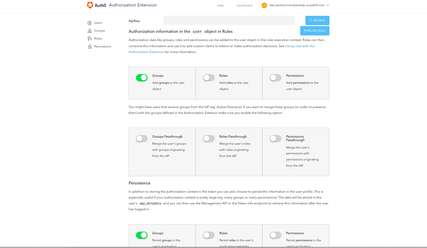 Screenshot of the Authorization Extension configuration page where administrators set up rules for group mapping and click the Publish rule button to enable group information to be included in SAML assertions sent to LogScale.