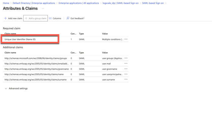 Screenshot of the Azure AD 'Manage claim' interface showing the configuration page for editing the Unique User Identifier claim settings. The interface displays form fields where administrators can configure how user identities are passed from Azure AD to LogScale during SAML authentication. This critical configuration step ensures that user identification attributes are properly mapped between Azure AD and LogScale, enabling correct user matching and authentication flow. The page shows options for setting the name identifier format and source attribute that will be used to uniquely identify users during the single sign-on process.
