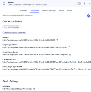PingOne Configuration page displaying SAML settings including endpoints and certificate information.