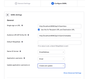 Screenshot of the Okta SAML Settings configuration page showing the General section with fields for Single Sign-on URL, Audience URI, Name ID Format and other SAML parameters