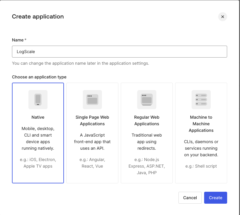 Screenshot showing the "Create Application" dialog in Auth0 where users enter the application name and select the "Native" application type before clicking the Create button.