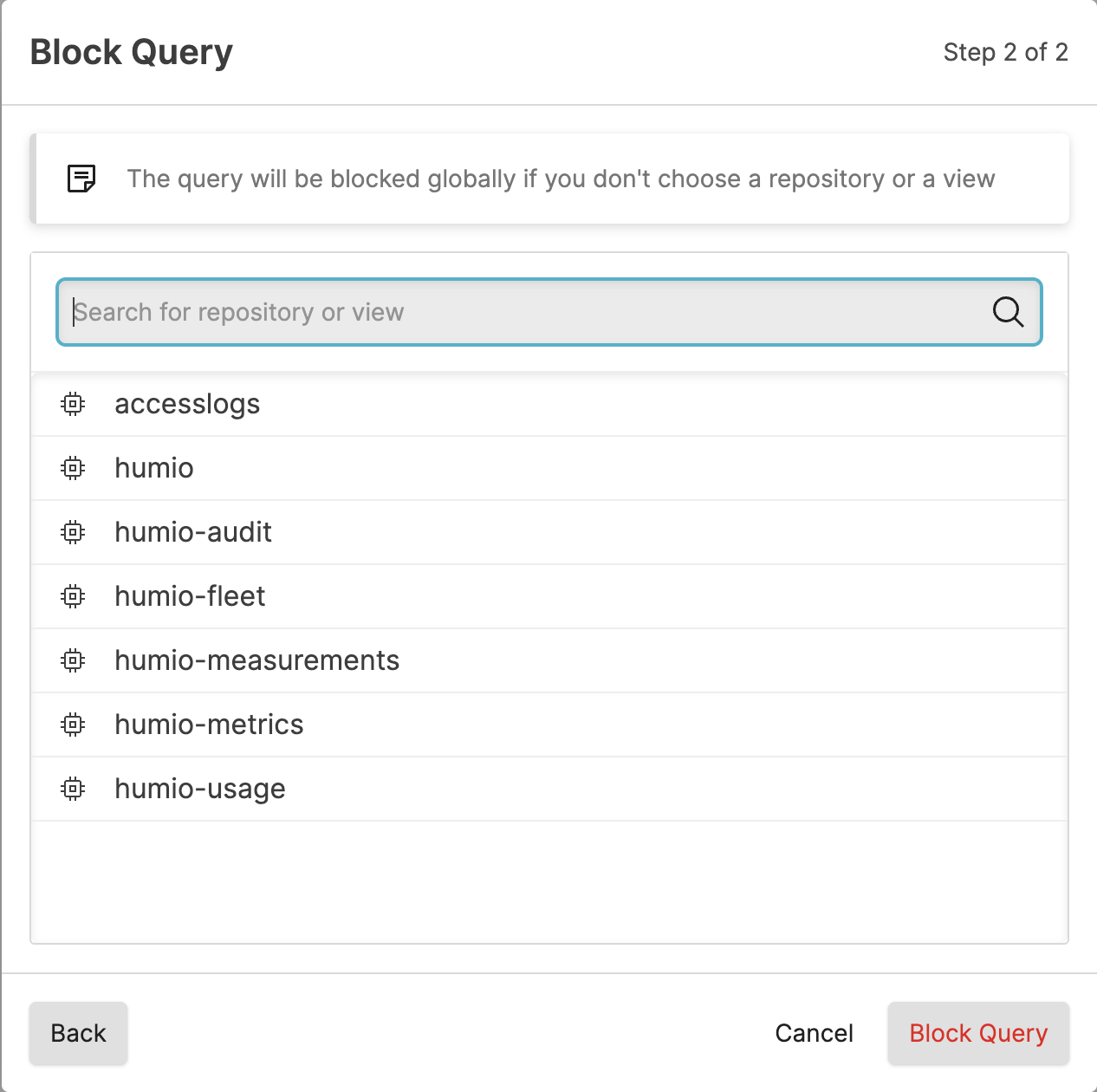 Query Administration Adding a Block Repository Selection