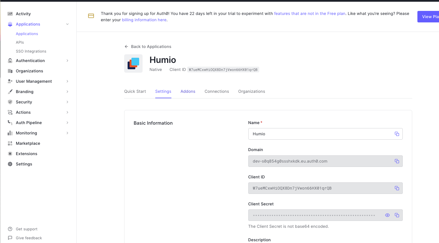 Screenshot of the Auth0 application settings page with the Addons tab highlighted, showing where to configure additional features for the application after creation