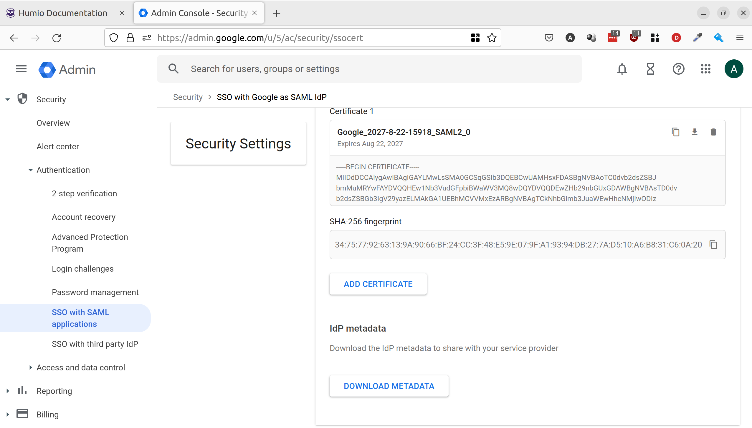 Screenshot of the Google Workspace SSO configuration page showing the certificate data section. The image displays the X.509 certificate information that needs to be copied for LogScale integration, which is required for secure authentication between Google Workspace and LogScale.