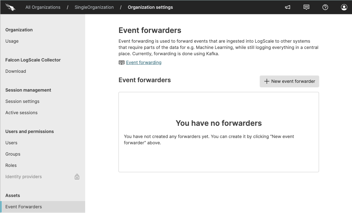 Screenshot of the LogScale Event Forwarder user interface showing a tabular list of configured event forwarders. The interface displays forwarder properties including names, descriptions, associated topics, and status indicators. The table includes action controls for managing forwarders, with options to create new forwarders, edit existing configurations, or delete them. This management interface allows administrators to configure where events from LogScale repositories will be forwarded to external systems like Kafka.