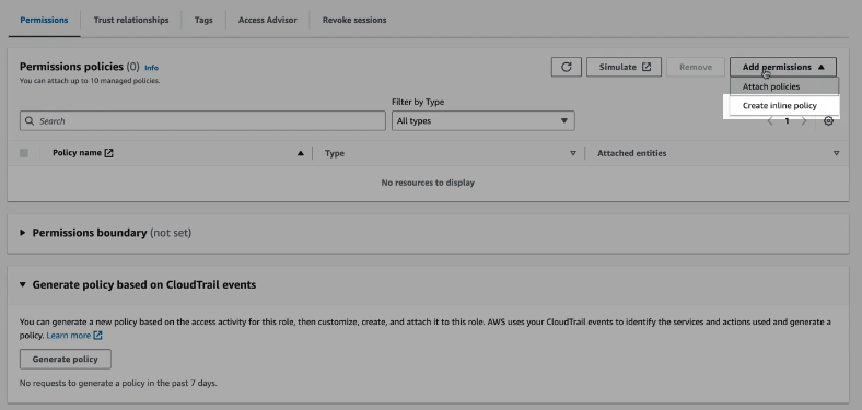 Screenshot of the AWS IAM inline policy creation interface showing the policy editor with multiple tabs. This image displays the initial view of the policy editor that appears after selecting 'Create inline policy' from the Add permissions dropdown. The interface presents different methods for defining the policy, with tabs for Visual Editor, JSON editor, and Templates visible at the top of the panel. The editor shows the default starting view where administrators can choose how they want to construct the permission policy for the LogScale IAM role. This interface is where administrators must select the JSON tab (as indicated in the next instruction) to manually enter the specific permission policy that grants LogScale access to read objects from the S3 bucket and interact with the SQS queue. The policy editor provides the foundation for defining the precise resource-level permissions with the correct actions (s3:GetObject, sqs:ReceiveMessage, etc.) and resources (specific ARNs) that LogScale requires to function correctly while maintaining security best practices through the principle of least privilege.