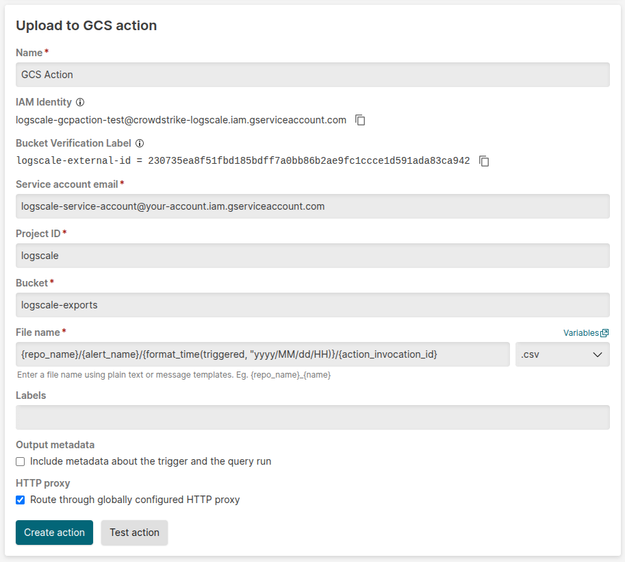 Screenshot of the Upload to GCS action configuration form displaying fields for action name, IAM Identity, service account email, Project ID, bucket, file name with format dropdown list, Labels, Output metadata checkbox, and HTTP proxy checkbox