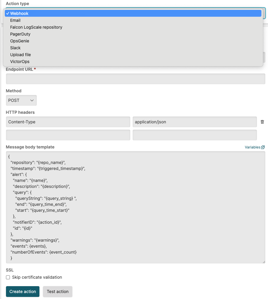 Screenshot of the Action Type selection dialog showing a dropdown menu listing available action types such as Email, Slack, Webhook, OpsGenie, PagerDuty, and VictorOps