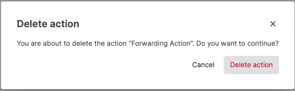 Screenshot of the Delete Action confirmation dialog displaying a warning message and Delete action button to permanently remove the selected action