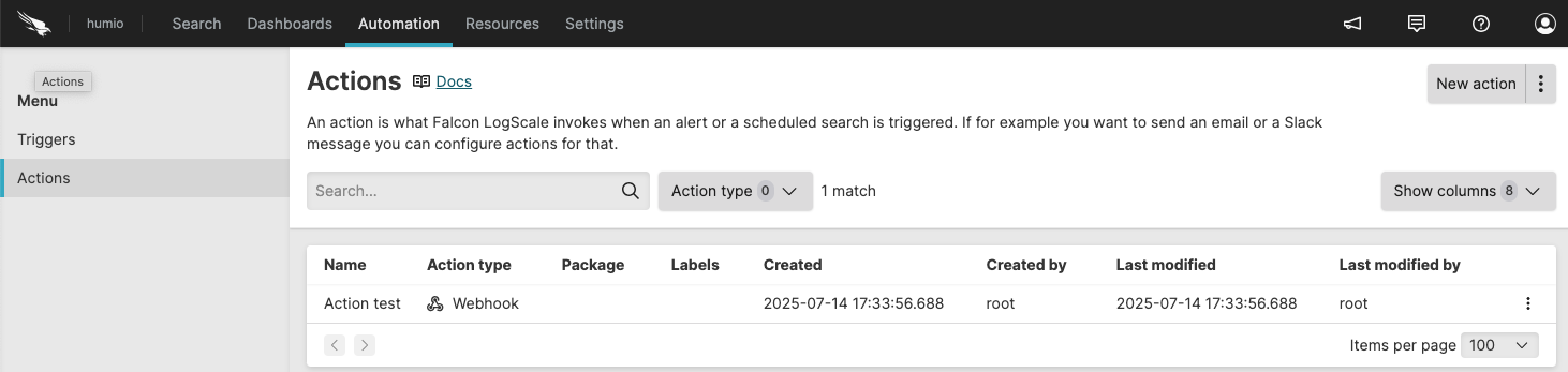 Screenshot of the Actions overview page displaying a table with action names, types, packages, labels, and timestamps for creation and modification, along with Show columns and New action buttons