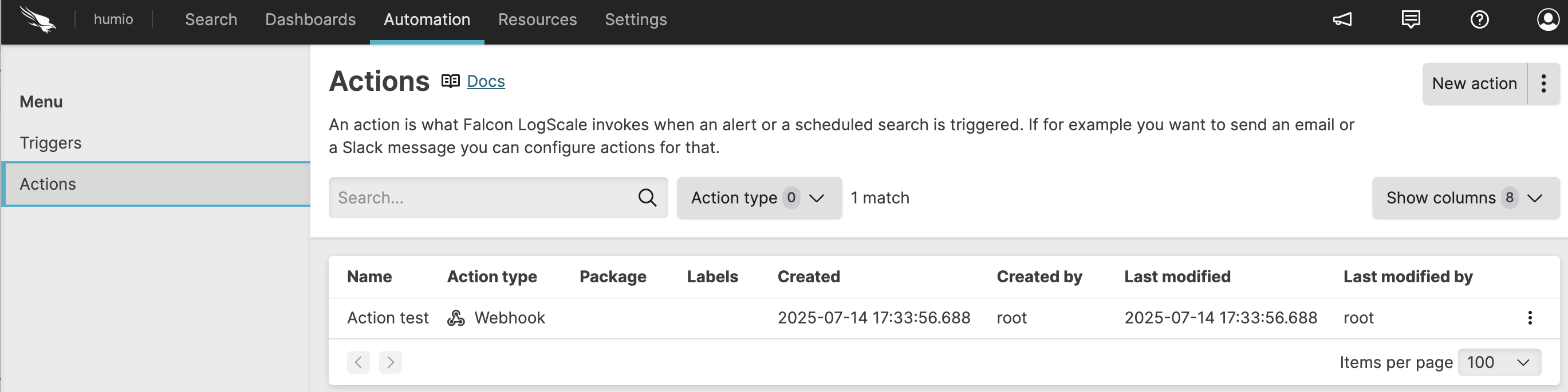 Screenshot of the Actions overview page displaying a table with columns for action names, action types, packages, labels, and menu options for managing actions such as duplicate, export, and delete