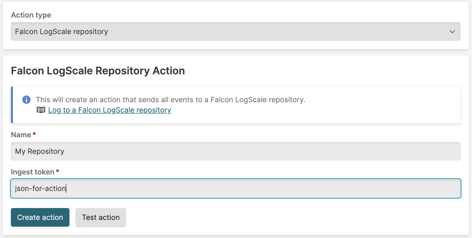 Screenshot of the LogScale Repository Action configuration form showing fields for the action name and ingest token selection to specify which repository receives the triggered events