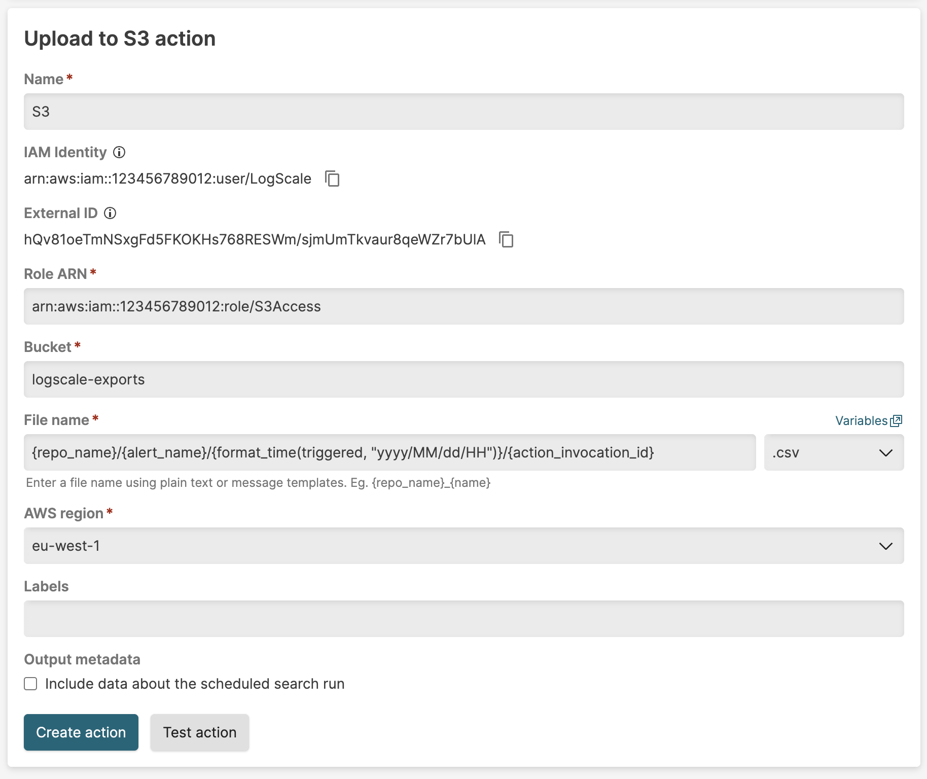 Screenshot of the S3 Action configuration form displaying fields for action name, Role ARN, IAM Identity, External ID, Bucket name, File name with message template support, AWS region dropdown, Labels, and Output metadata checkbox