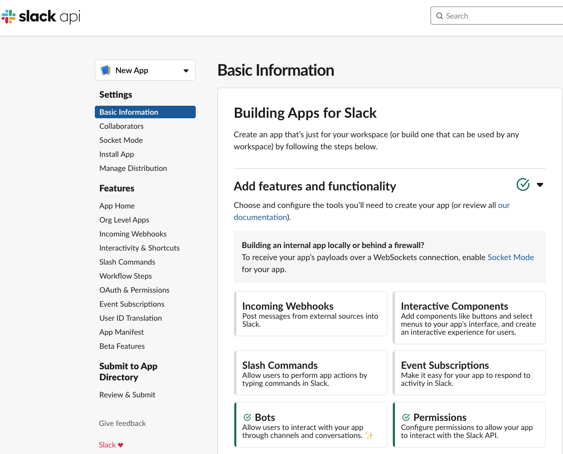 Screenshot of the Slack app Basic Information page displaying the Add features and functionality section with options including Incoming Webhooks, Permissions, and Event Subscriptions for configuring app integration