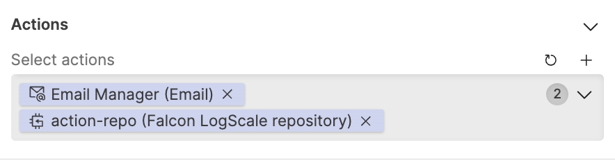 Screenshot of the Actions section in the trigger properties panel showing the list of configured actions with options to add new actions or remove existing ones using the X button next to each action