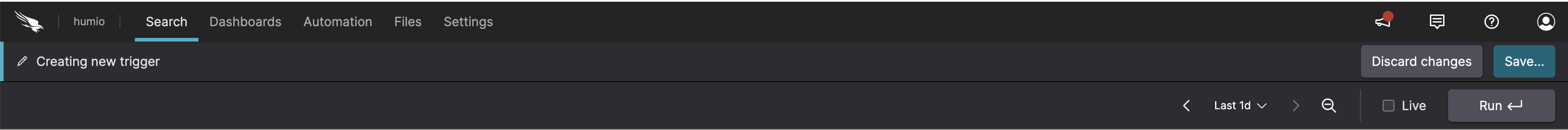 Screenshot of the Search page in Creating new trigger mode showing the query editor, time interval selector, and Details panel where you can configure trigger properties such as name, description, and alert type