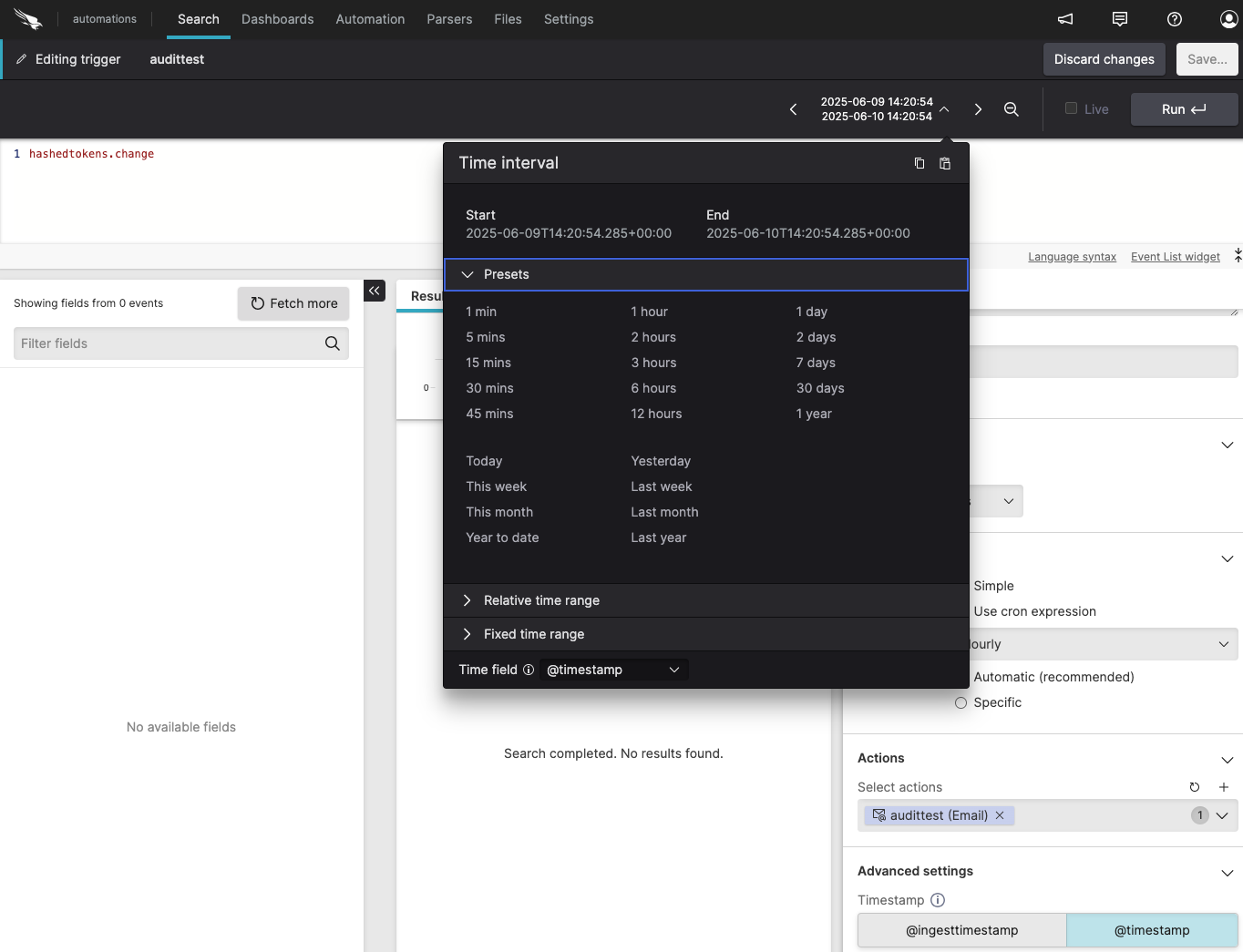 Screenshot of the Search page in Editing trigger mode displaying the query editor with the current trigger query, Editing trigger mode indicator, and Save or Discard changes buttons for updating the trigger configuration