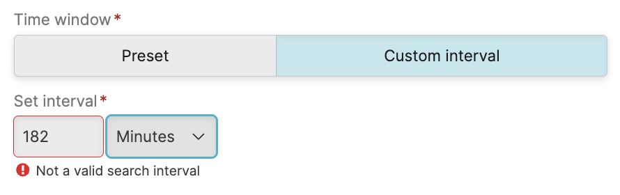 Screenshot of the Invalid Search Interval warning message indicating that the entered time window value is outside the allowed range for the selected alert type, with specific validation requirements for aggregate alerts
