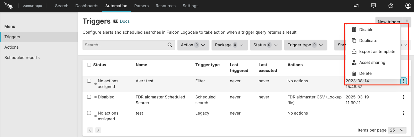 Screenshot of the trigger management menu accessed through the vertical dots icon showing options including Disable, Show status, Clear status, Duplicate, Export as template, Asset sharing, and Delete for individual trigger management