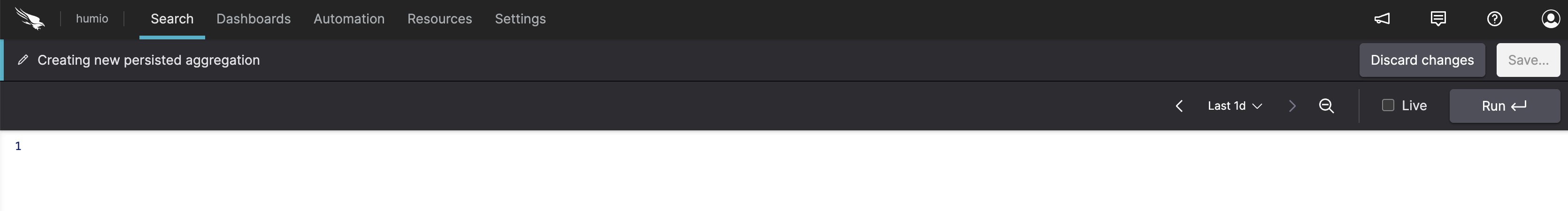 Screenshot showing a new persisted aggregation row in the table with editable fields for name, query, and schedule configuration