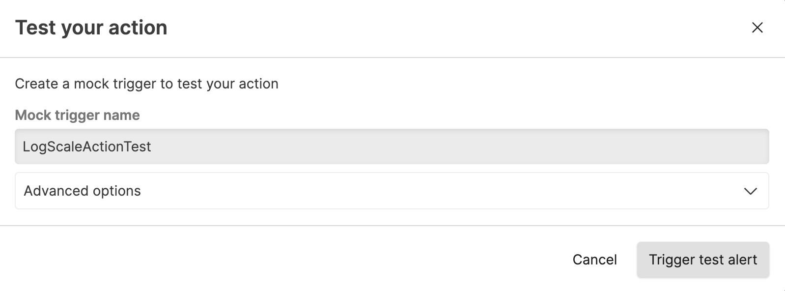 Screenshot of the Test Repository Action interface displaying the Test action button, Advanced options dropdown for configuring mock events, and the Trigger test alert button to execute the test