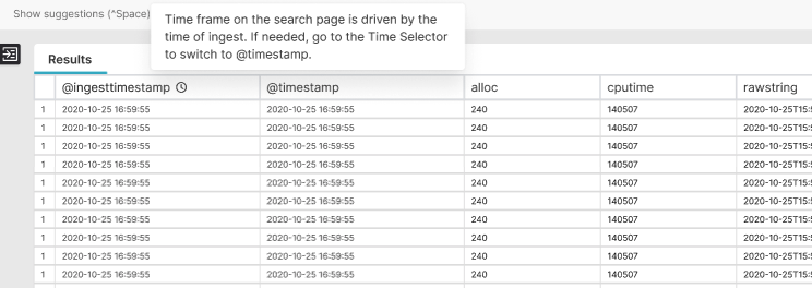 Screenshot of the Event List showing the timestamp column with a clock icon indicating the selected timestamp type for the trigger, displaying when events occurred according to the chosen timestamp field