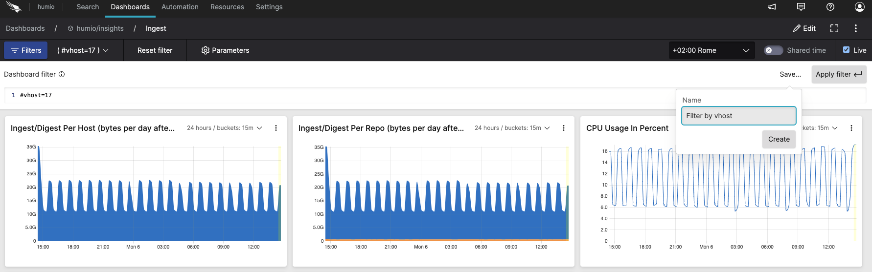 Screenshot showing how to configure a filter in dashboards