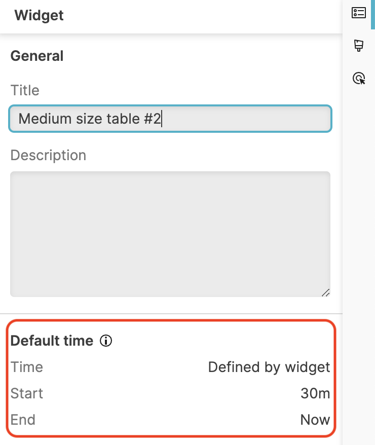 Screenshot showing a widget side panel with a Default time section highlighted, displaying Time, Start, and End fields set to Defined by widget, 30m, and Now respectively.