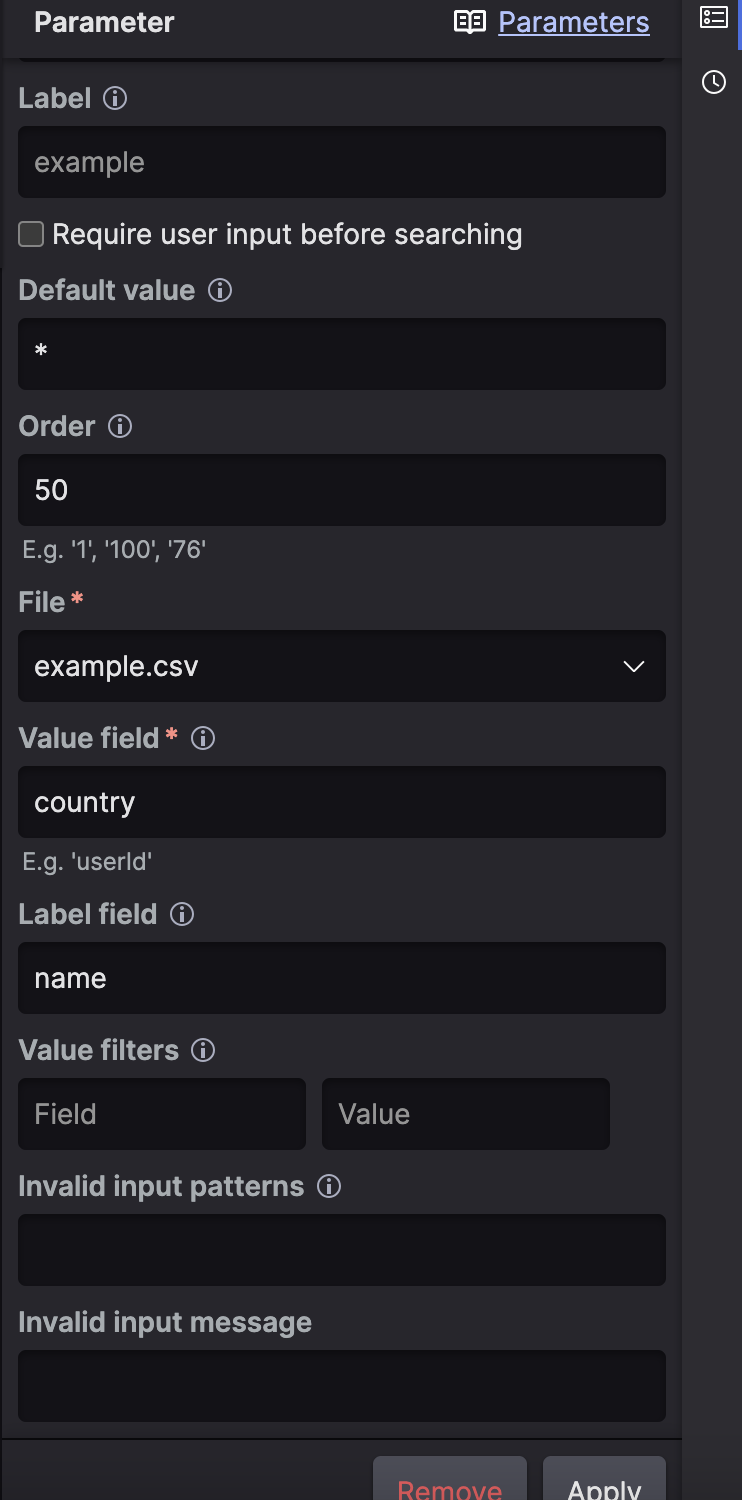 Screenshot showing the File parameter configuration panel with fields for File, Value field set to userid, Label field set to name, and a Value filters section.