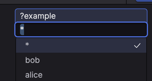 Screenshot showing a dropdown list for a file-based parameter displaying name values from a CSV file, such as alice and bob, for selection.