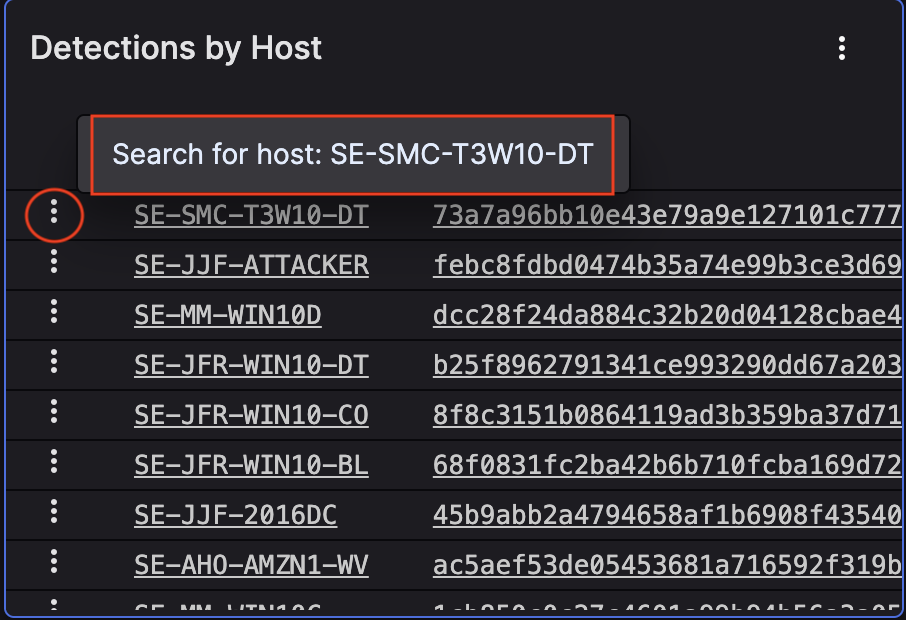 Screenshot showing a table widget with a row selected and a Search for host interaction tooltip displayed, naming the specific host from the selected row.