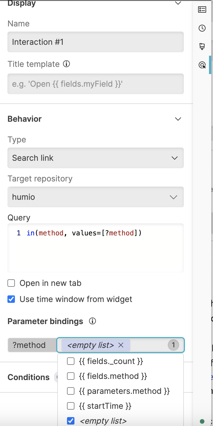 Screenshot showing the Interactions panel configured with Type set to Search link, a Query field, Use time window from widget checkbox, and a Parameter bindings section with an empty list option selected.