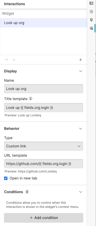 Screenshot showing the Interactions panel configured with Type set to Custom link, a URL template field containing a GitHub URL with a field variable, and an Open in new tab checkbox.