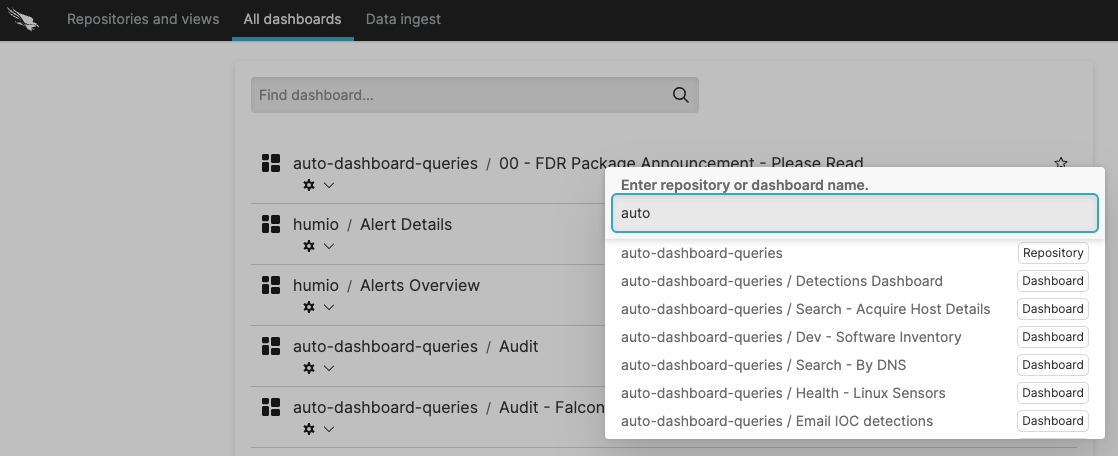 Jump to menu displaying a search field with dashboard and repository options listed below for quick navigation.