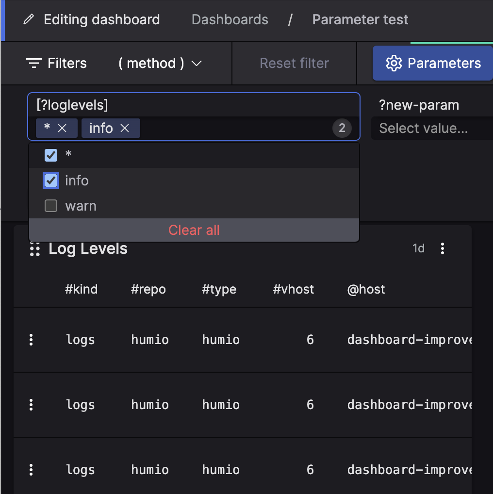 Screenshot showing a multi-value parameter input field with asterisk and info selected as checked values, warn as an unchecked option, and a Clear all button at the bottom.