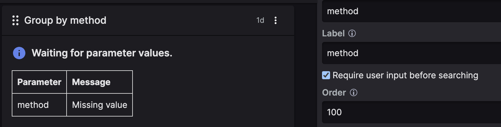 Screenshot showing a widget displaying a Waiting for parameter values message with a table listing the method parameter and Missing value status, alongside the parameter configuration panel with Require user input before searching checked.