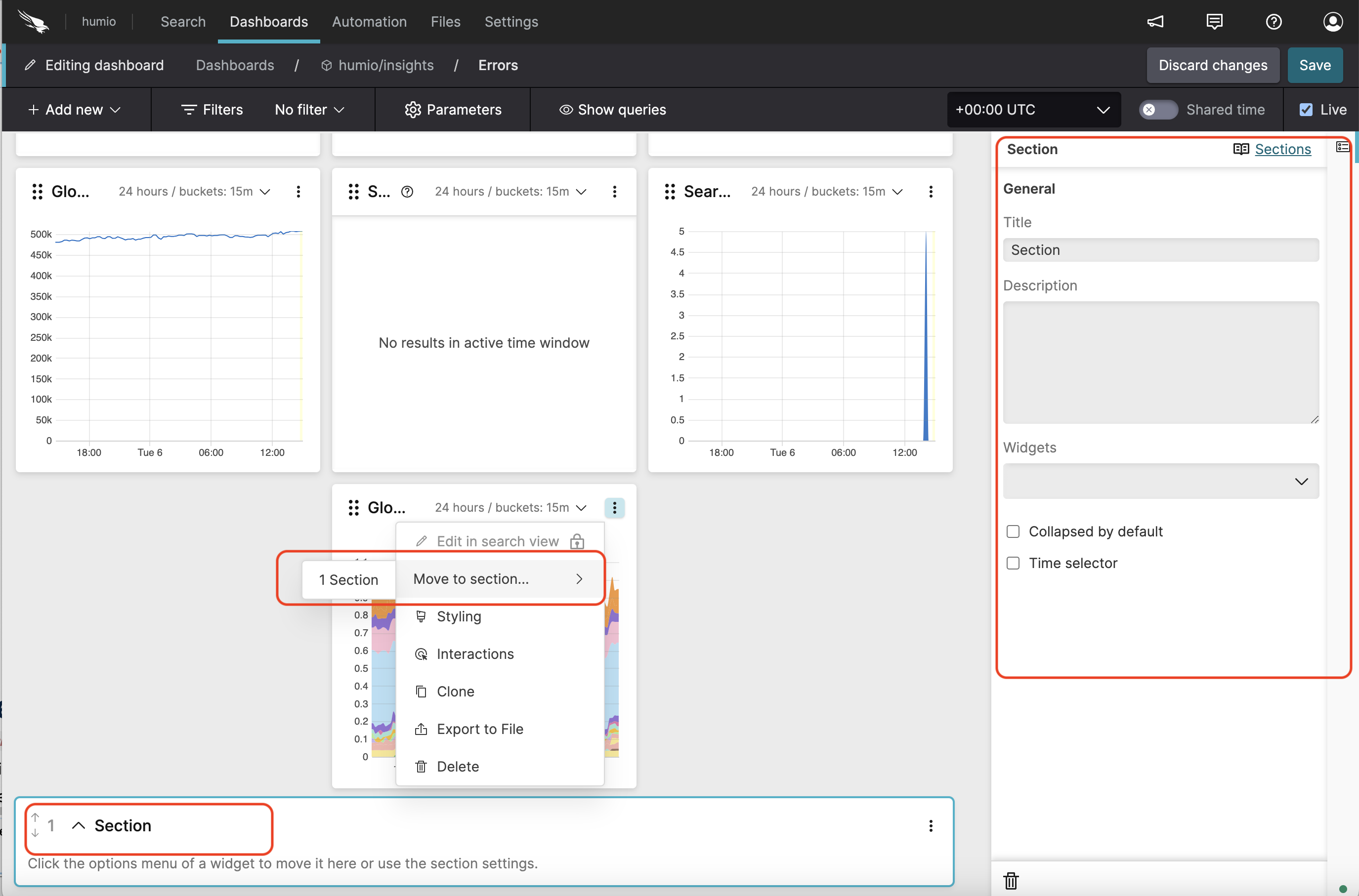 Screenshot showing a dashboard in editing mode with a Section configuration panel displaying Title, Description, Widgets, Collapsed by default, and Time selector fields.